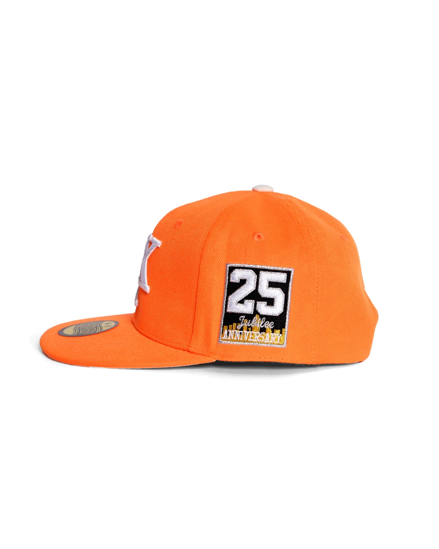 Sweed x WISE YOUTH CREATIVE x KK City 25th Anniversary Fitted Cap – Limited edition with 3D embroidery, anniversary patches, neon orange & cream white underbrim. NBA